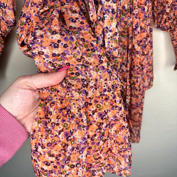 NWT Ramy Brook Xian Floral Tiered Tie Waist Long Sleeve Mini Dress Orange Small - Picture 6 of 16